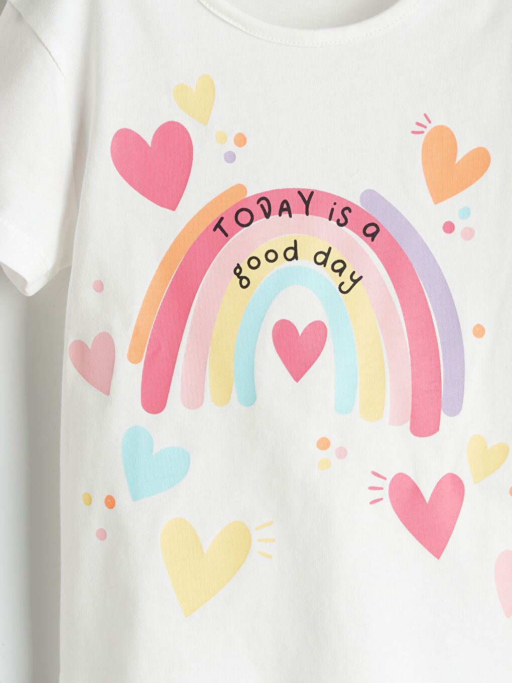 Ekru Bisiklet Yaka Baskılı Kısa Kollu Kız Çocuk Tişört-1