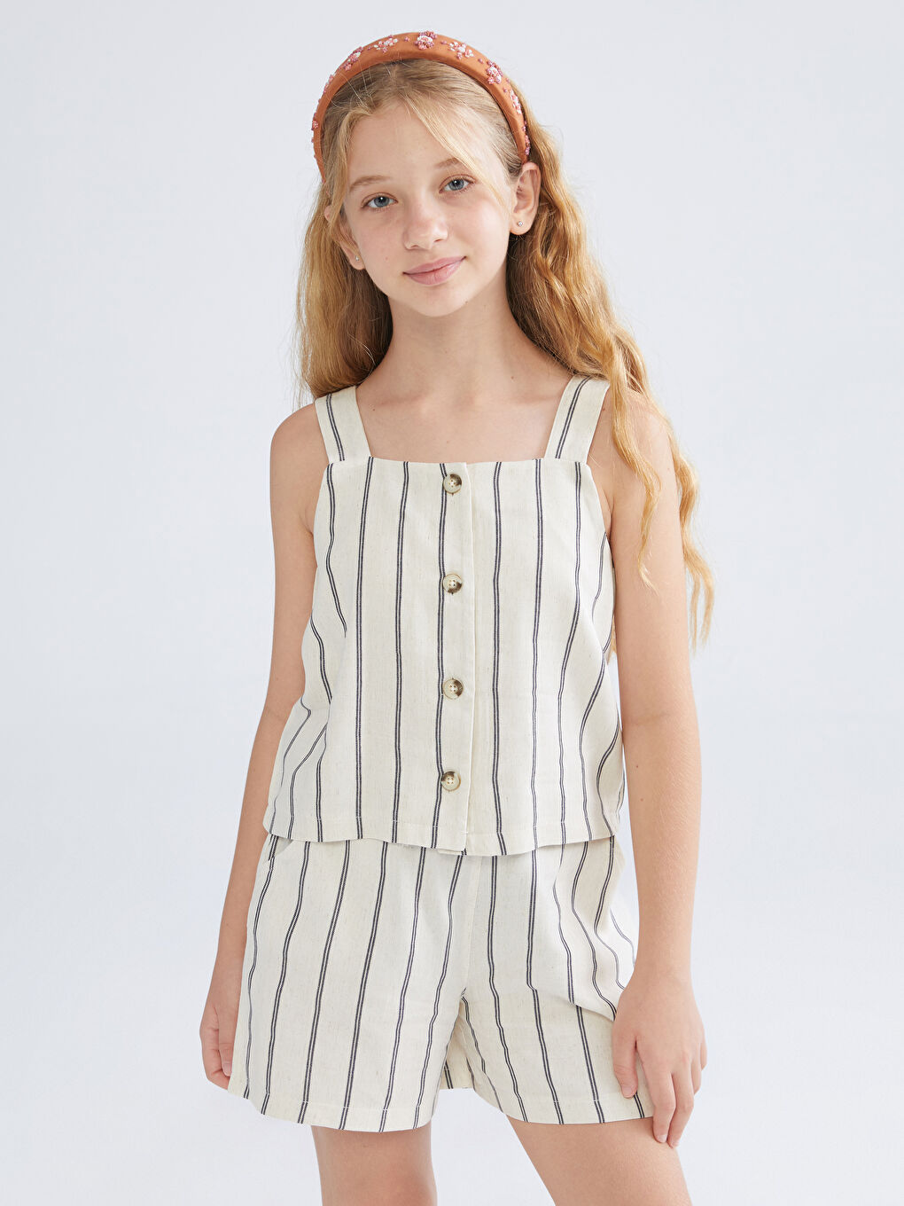 Bej Keten Karışımlı Kız Çocuk Bluz ve Şort