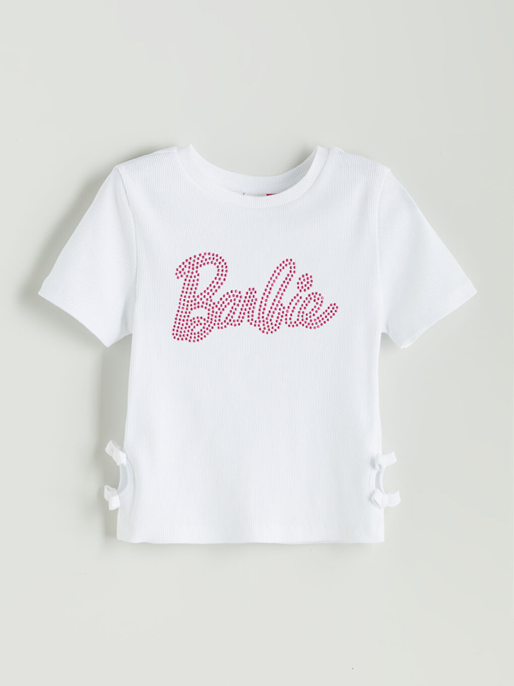 Beyaz Bisiklet Yaka Barbie Taş Baskılı Kız Çocuk Tişört