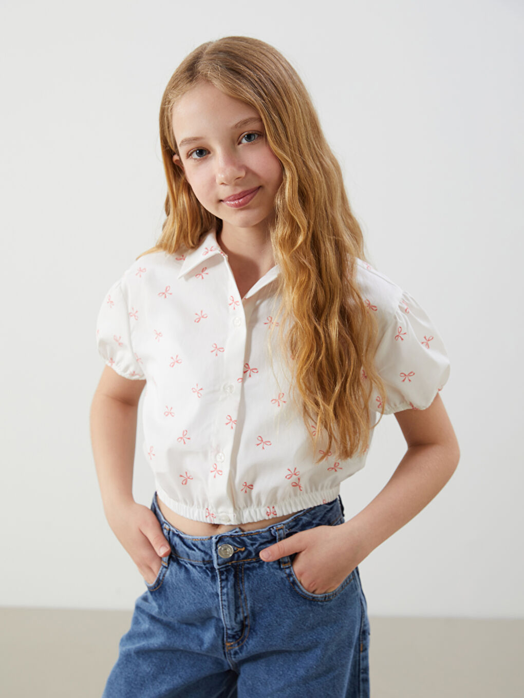 Ekru Fiyonk Baskılı Kız Çocuk Crop Gömlek