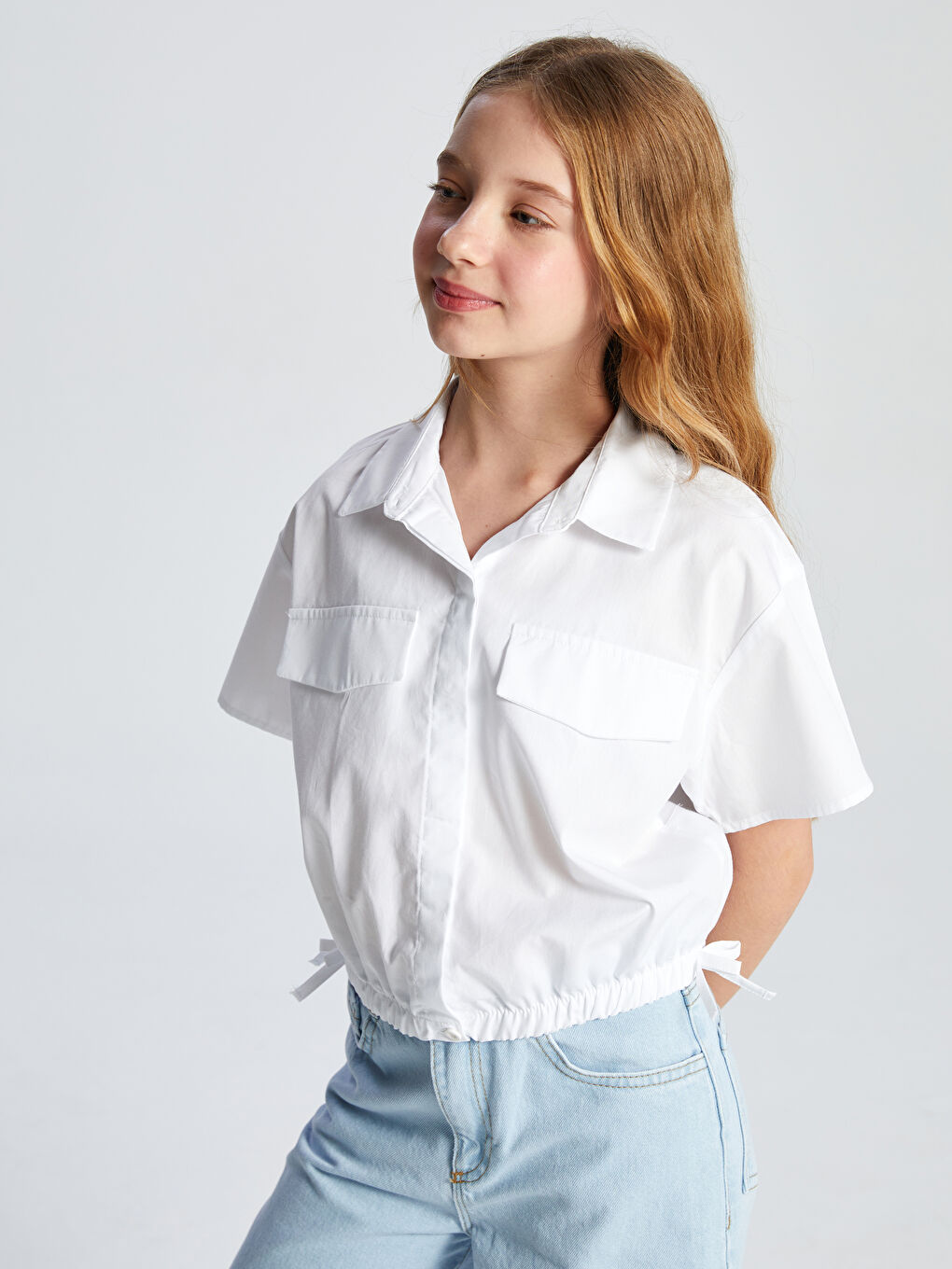Basic Short Sleeve Girls' Crop Shirt -S5L180Z4-Q6K