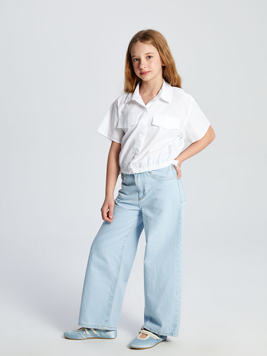 Basic Short Sleeve Girls' Crop Shirt -S5L180Z4-Q6K