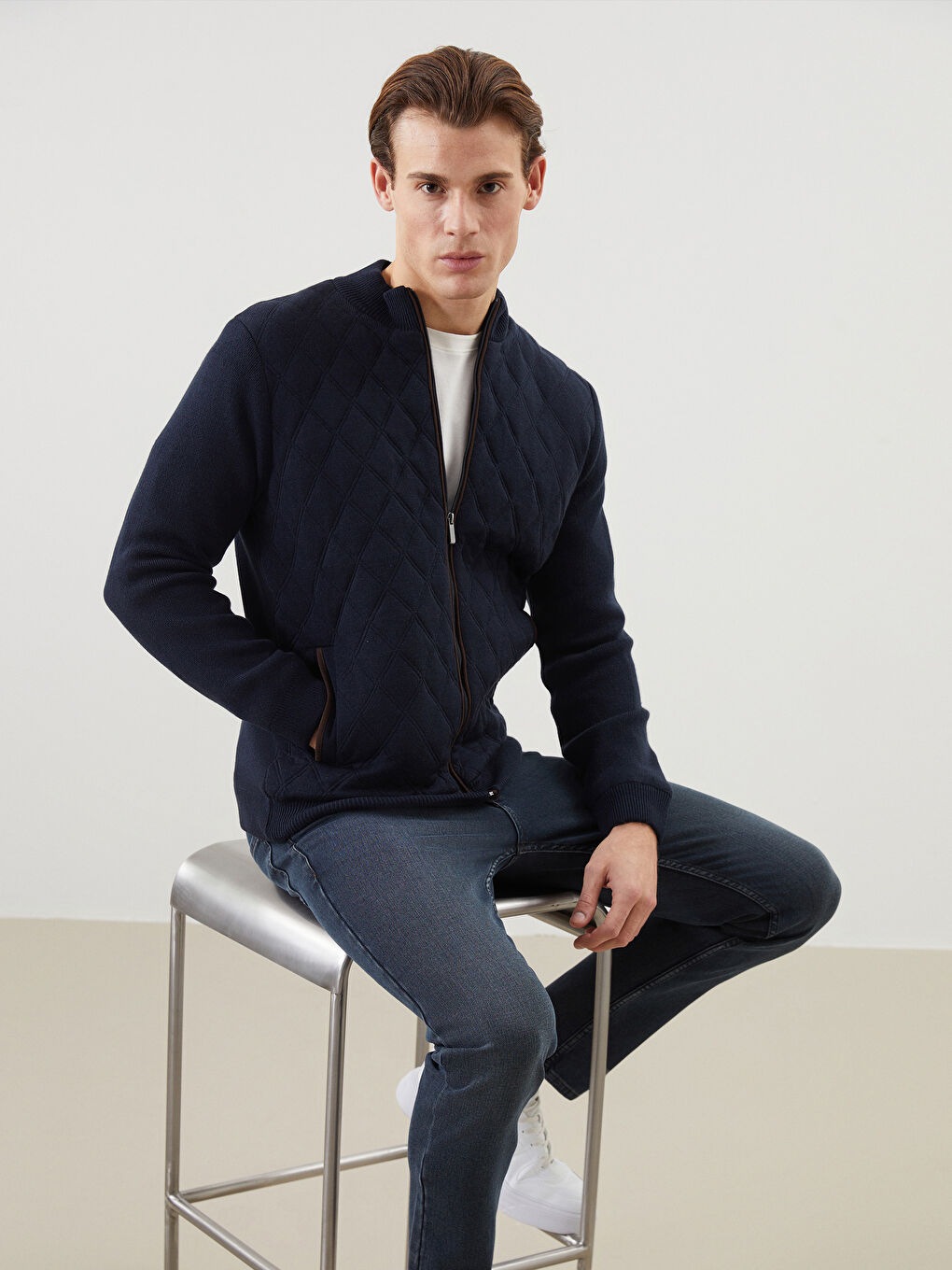 Lacivert Standart Kalıp Dik Yaka Erkek Triko Hırka