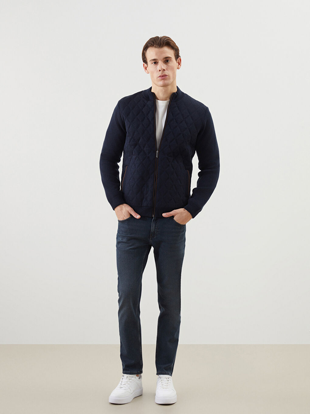 Lacivert Standart Kalıp Dik Yaka Erkek Triko Hırka-3