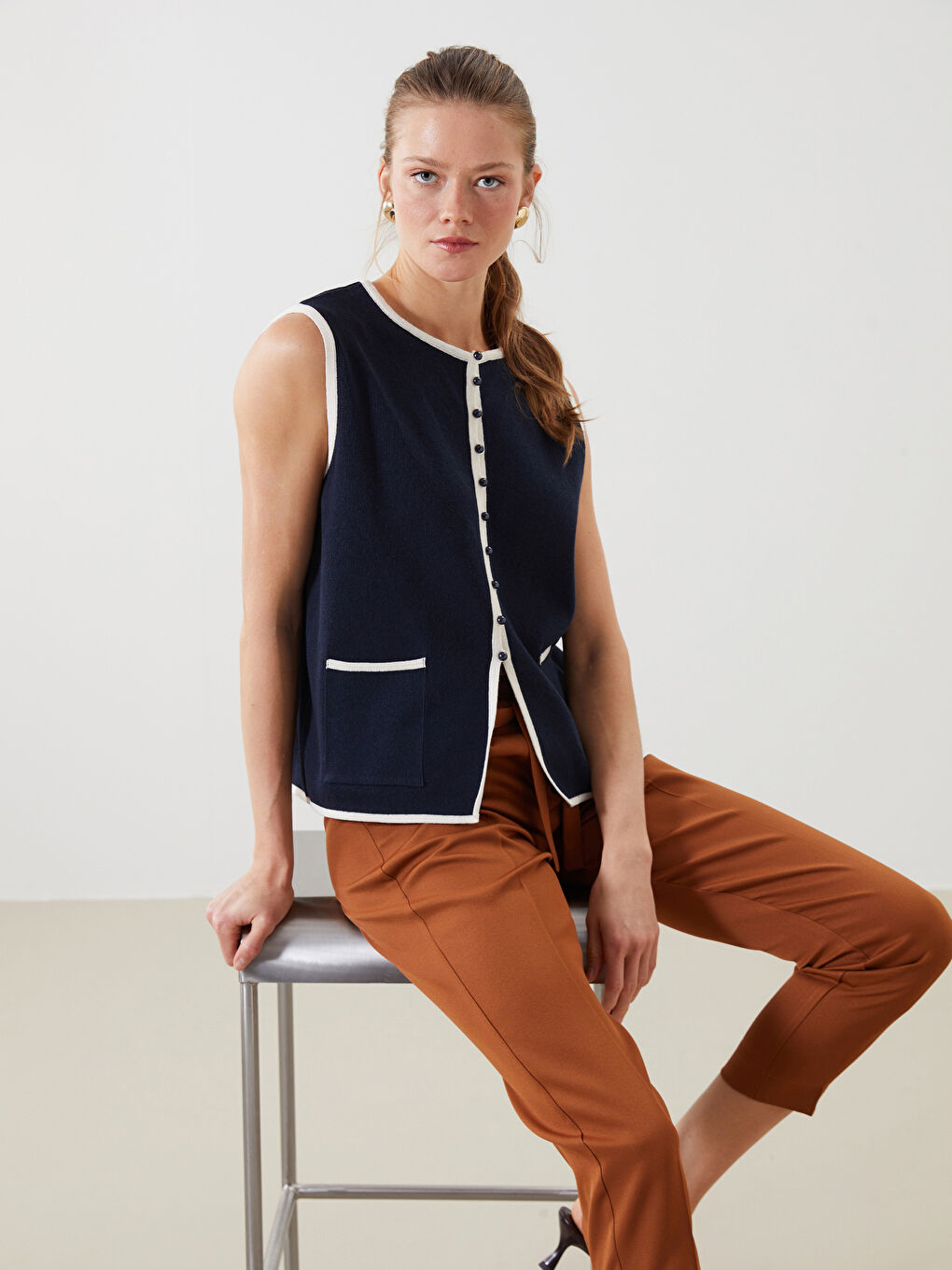 Crew Neck Women'S Knit Vest -S5L189Z8-E1J