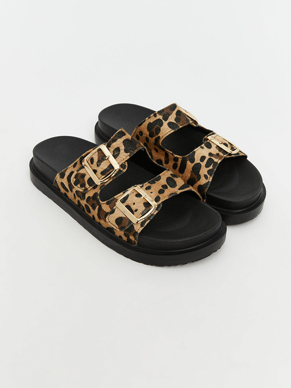 Karışık Leopar Desenli Çift Bantlı Kadın Terlik