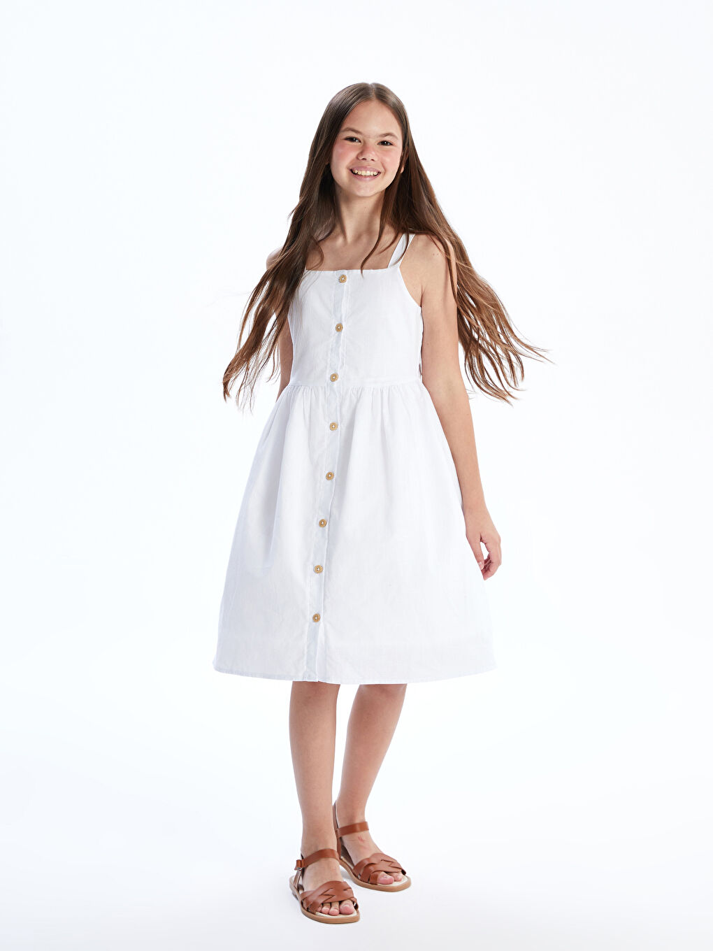 Beyaz Kare Yaka Kız Çocuk Elbise