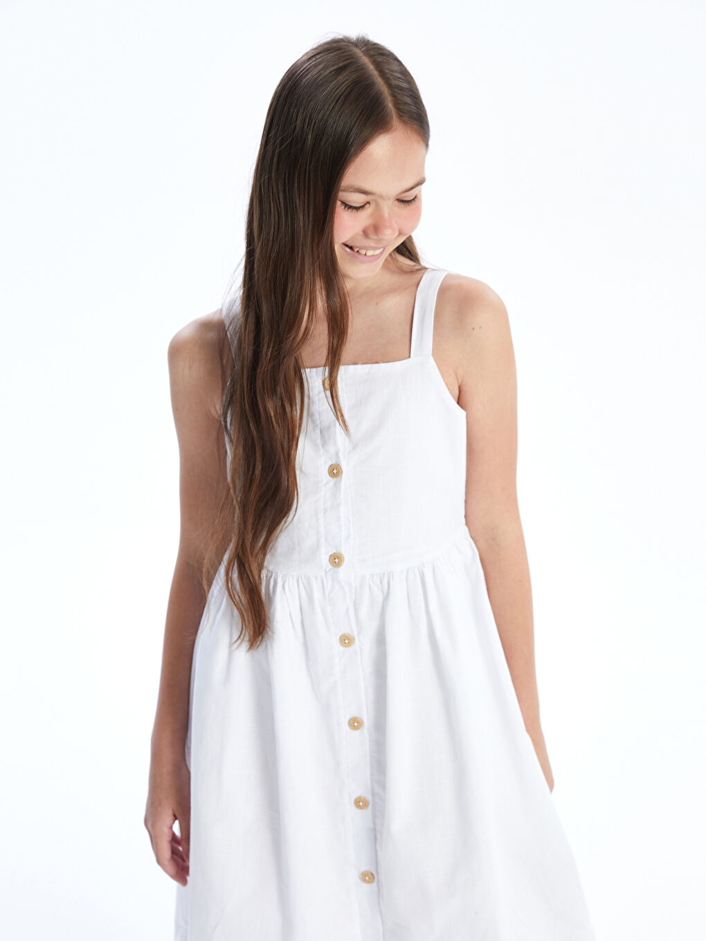 Beyaz Kare Yaka Kız Çocuk Elbise-1