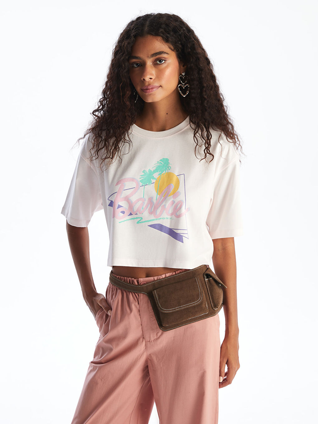 Crew Neck Barbie Printed Women's Crop Top