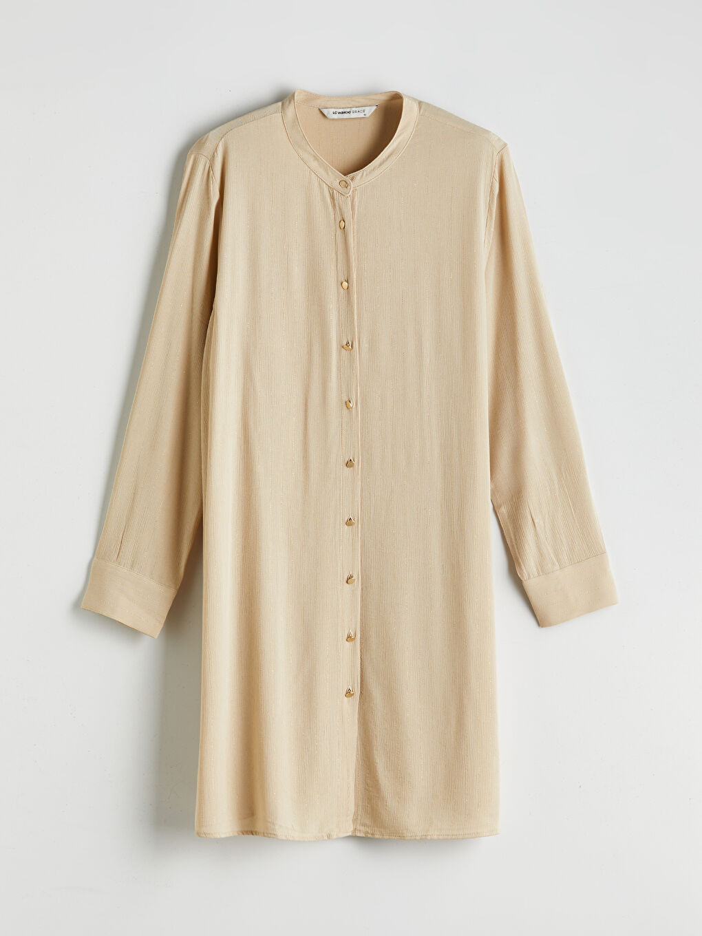 Bej Hakim Yaka Desenli Kadın Gömlek Tunik-4