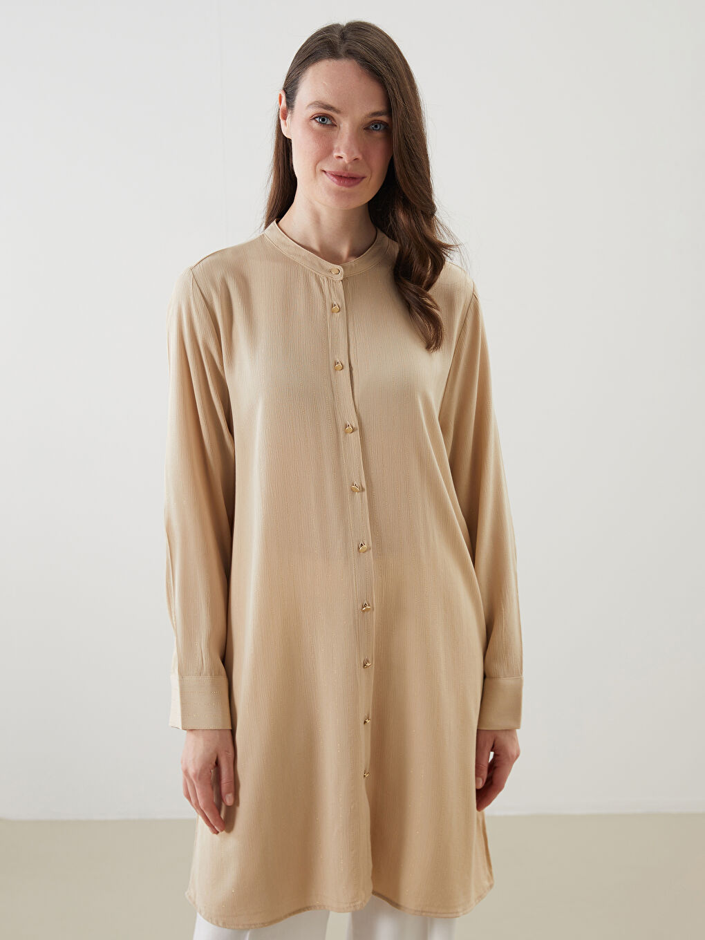 Bej Hakim Yaka Desenli Kadın Gömlek Tunik-1