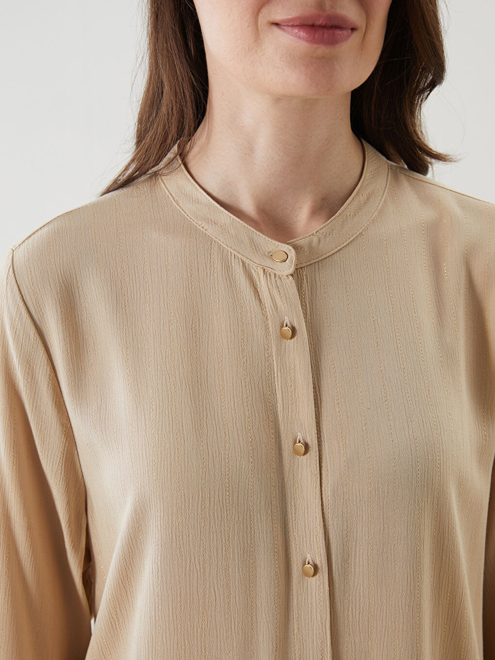 Bej Hakim Yaka Desenli Kadın Gömlek Tunik-2