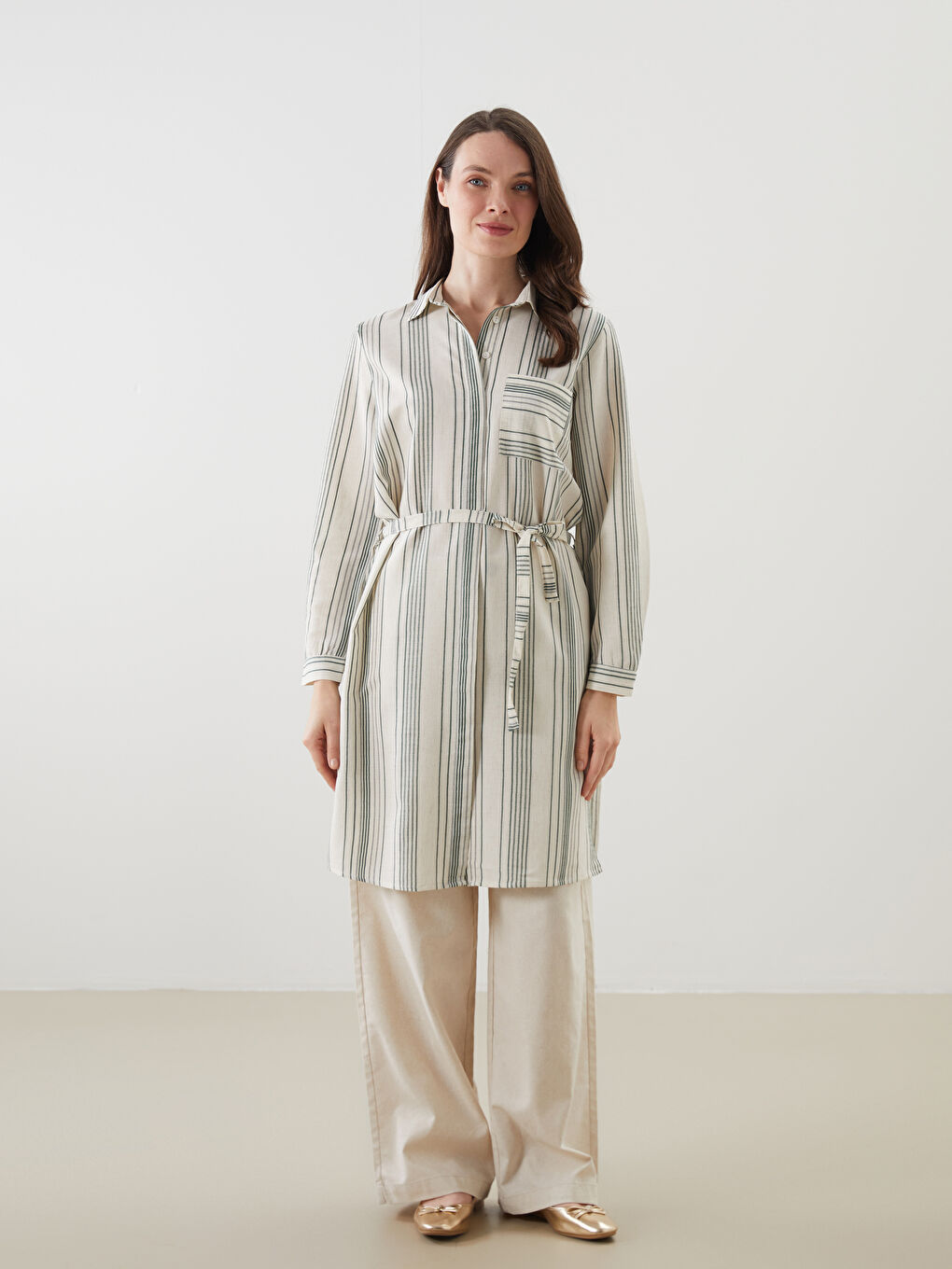 LCW Grace Striped Linen Blend Women's Shirt Tunic -S5L404Z8-LGE