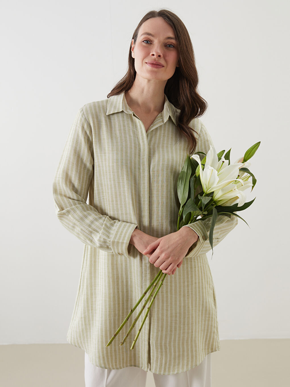 Yeşil Çizgili Keten Karışımlı Kadın Gömlek Tunik