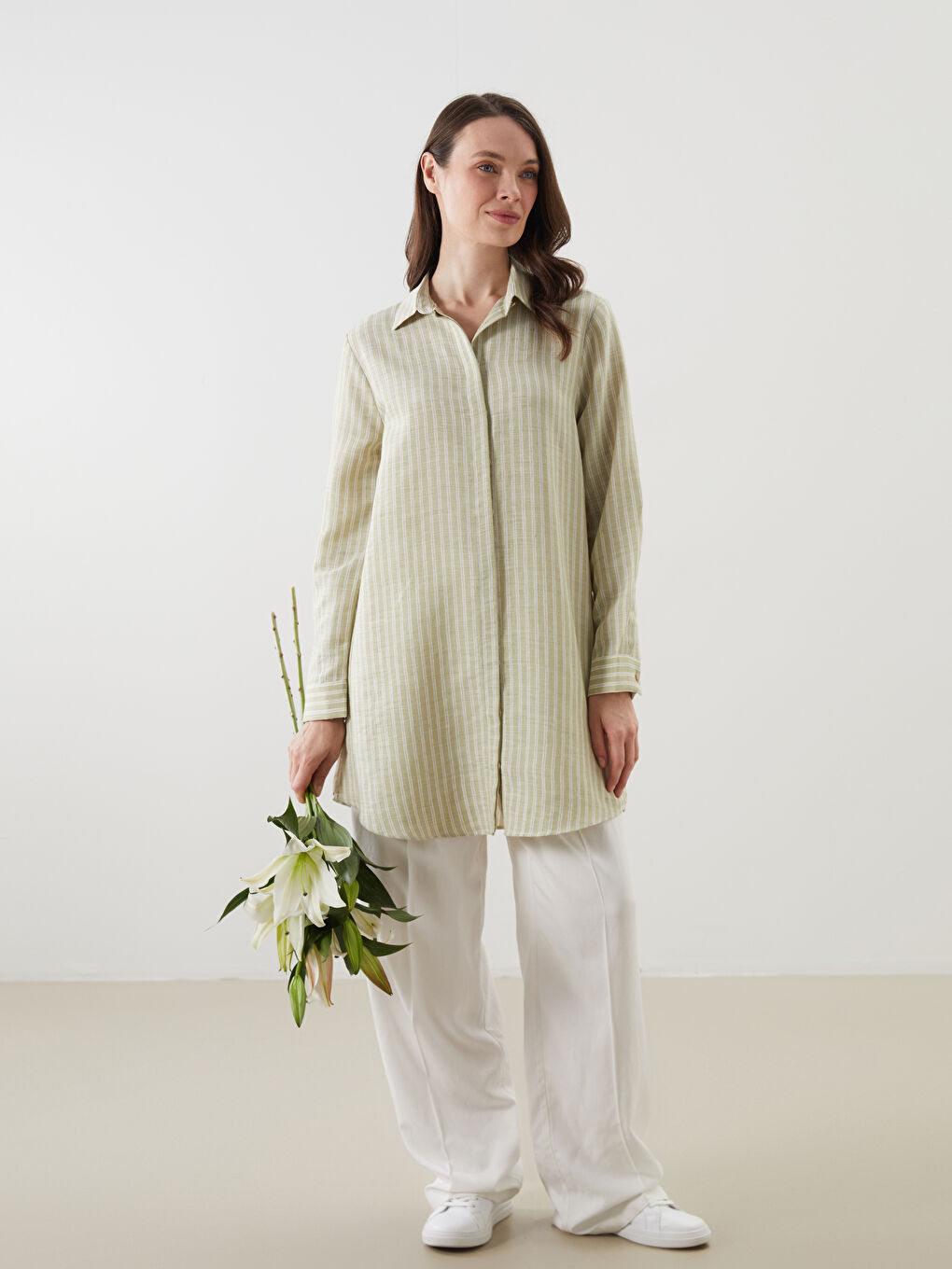 Yeşil Çizgili Keten Karışımlı Kadın Gömlek Tunik-1