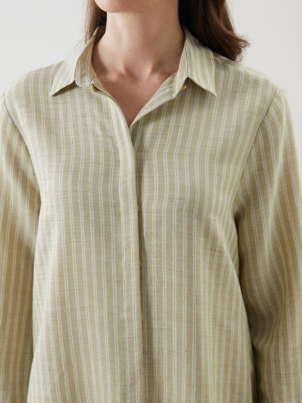 Yeşil Çizgili Keten Karışımlı Kadın Gömlek Tunik-2