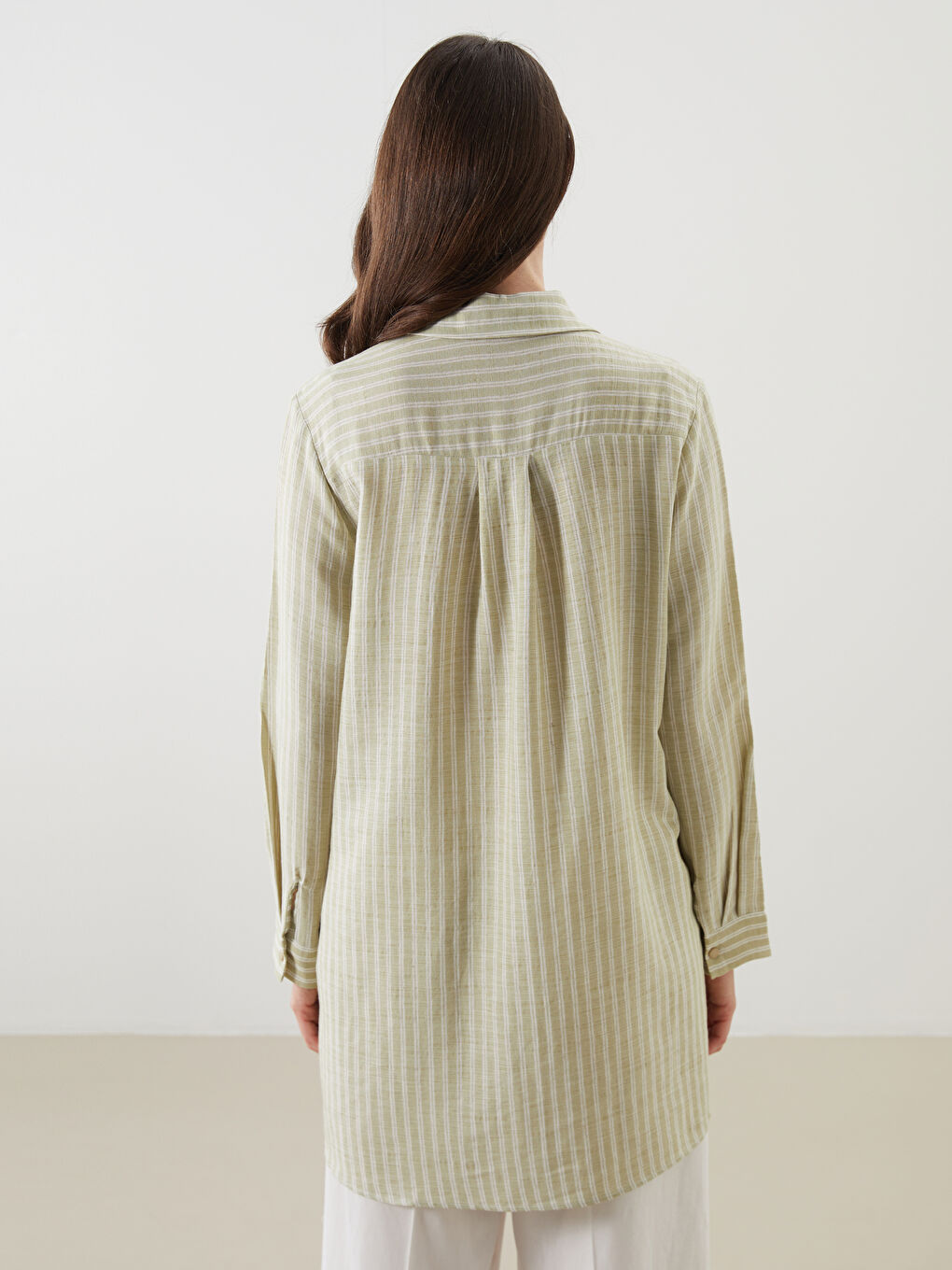 Yeşil Çizgili Keten Karışımlı Kadın Gömlek Tunik-3
