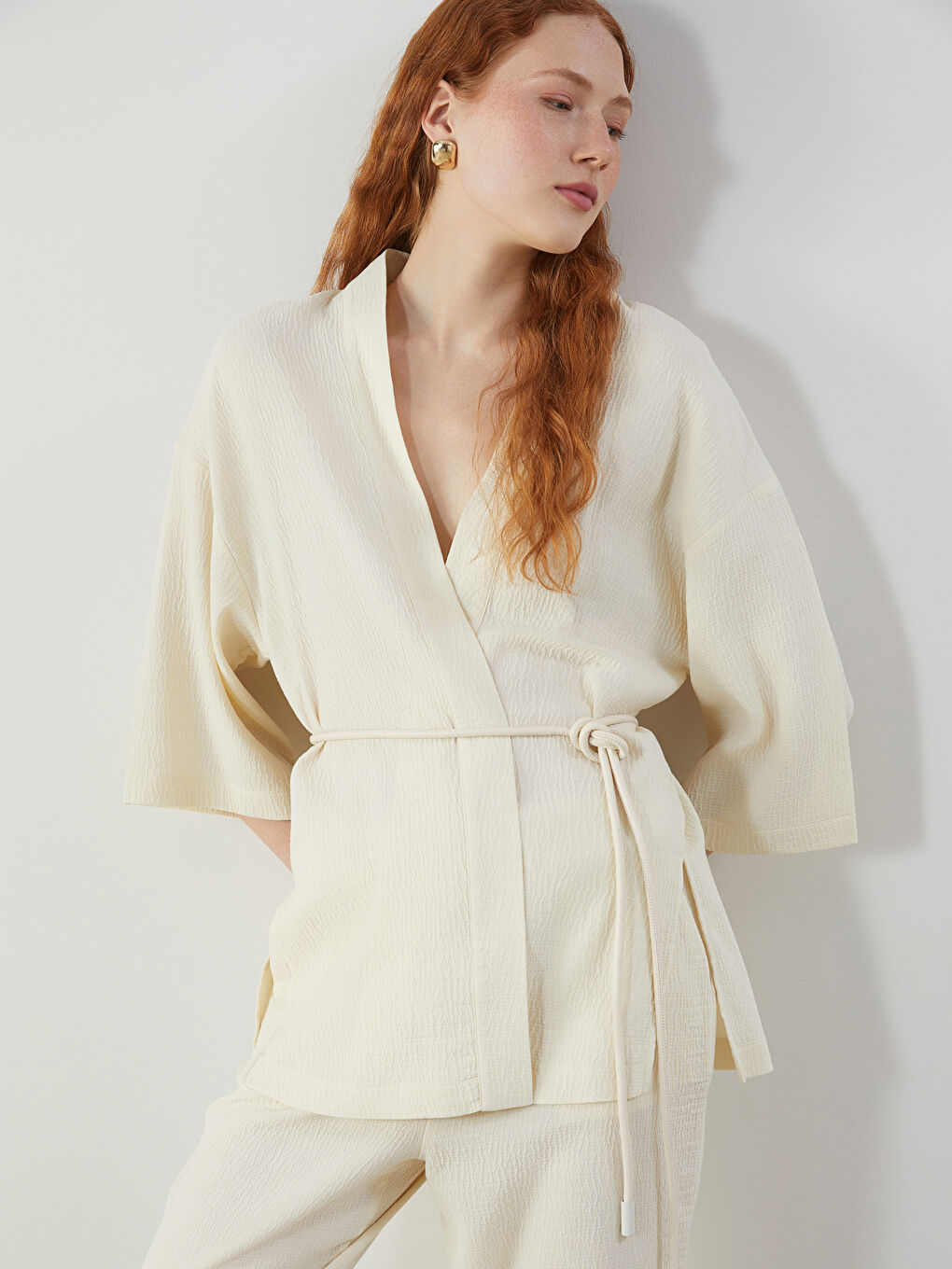 LCW Vision Bej Şal Yaka Oversize Kadın Kimono