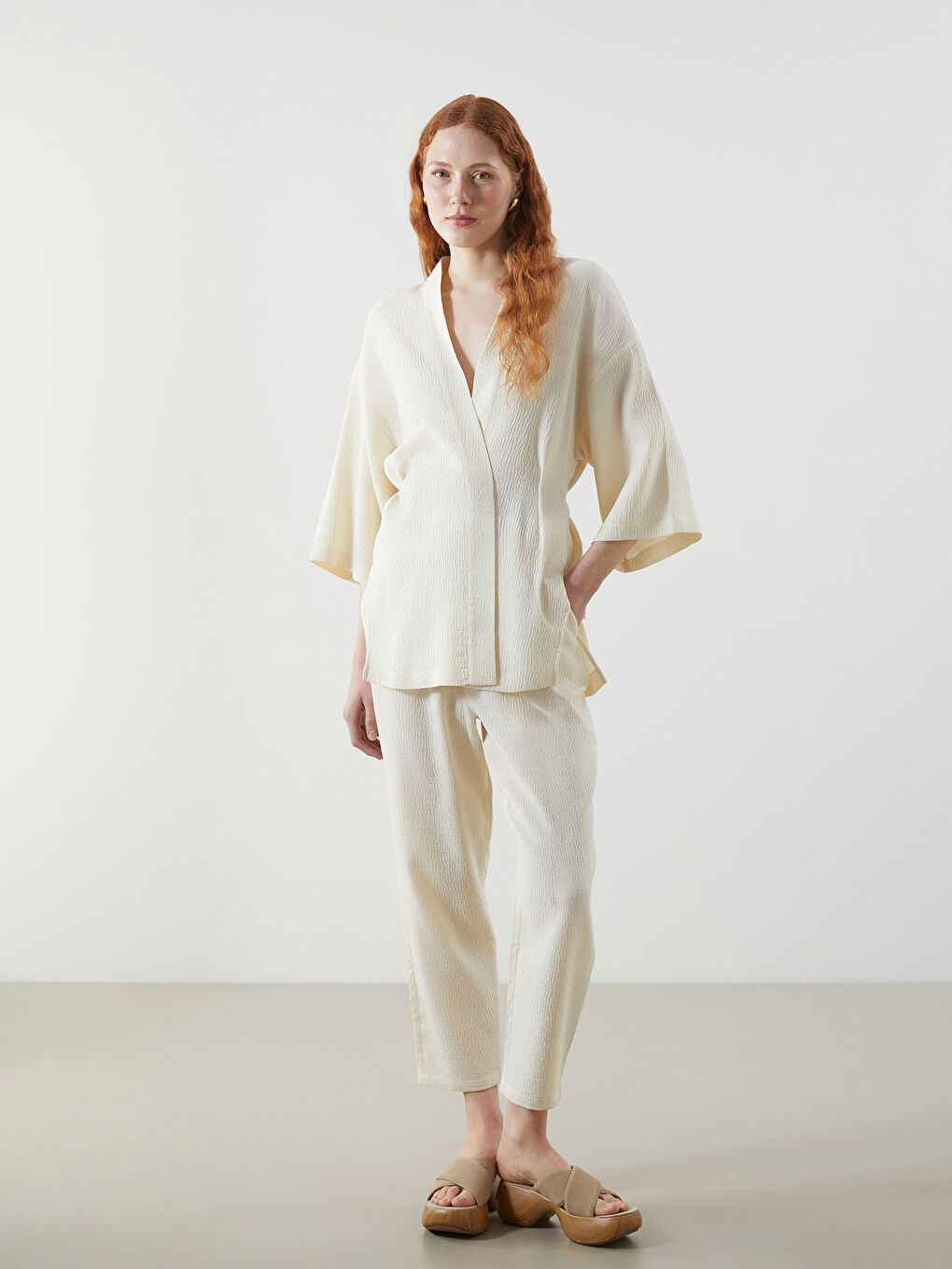 Bej Şal Yaka Oversize Kadın Kimono-1