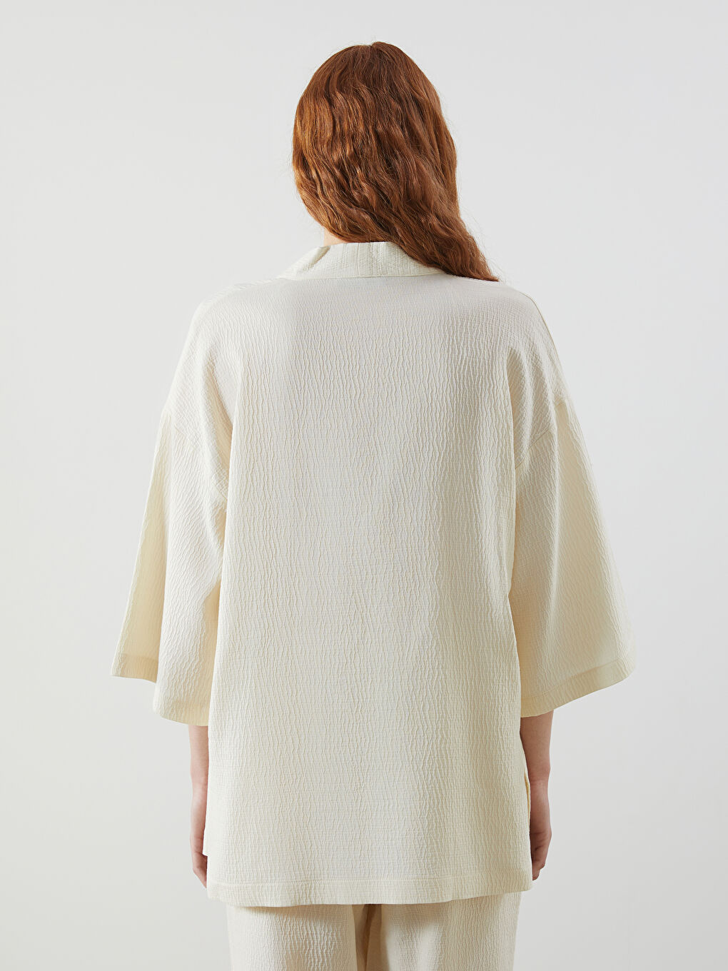 Bej Şal Yaka Oversize Kadın Kimono-3