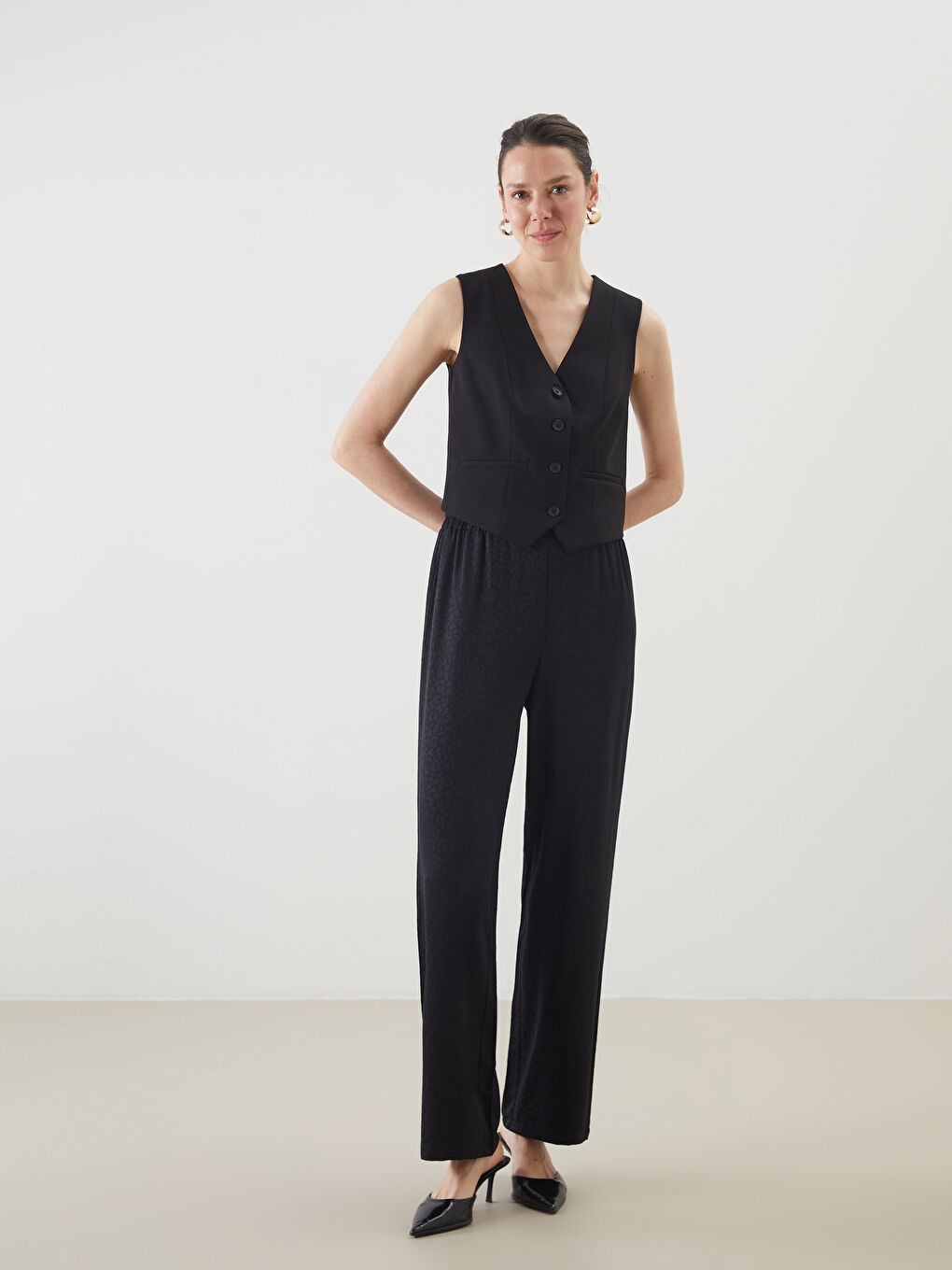 Siyah Beli Lastikli Desenli Kadın Pantolon