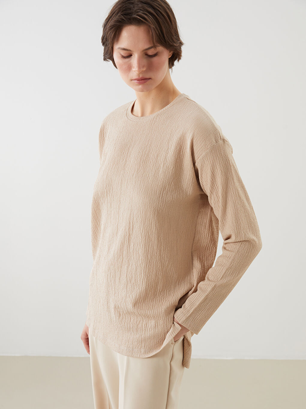 Crew Neck Textured Women's T-Shirt -S5L584Z8-FZJ