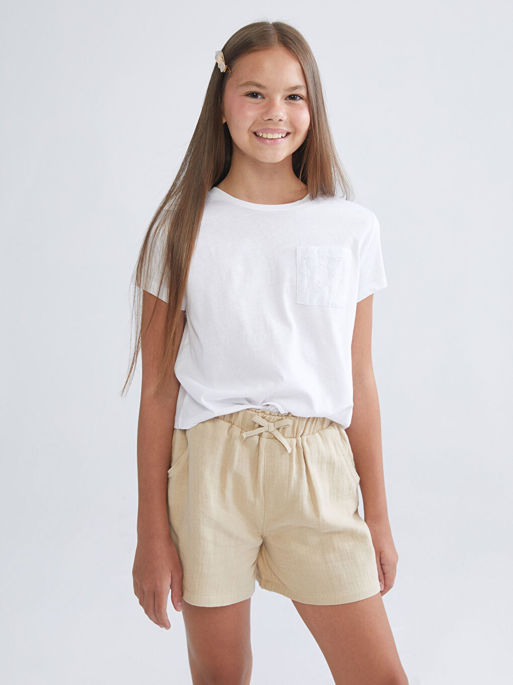 Bej Beli Lastikli Müslin Kız Çocuk Şort-1