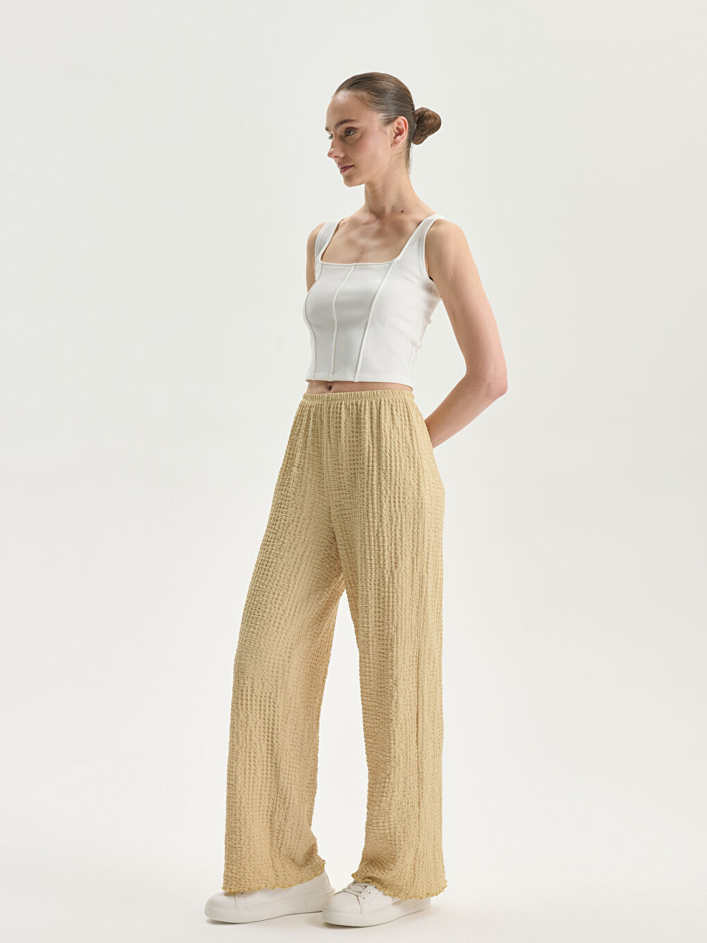 Elasticated Waist Textured Women's Trousers -S5L622Z8-FMD