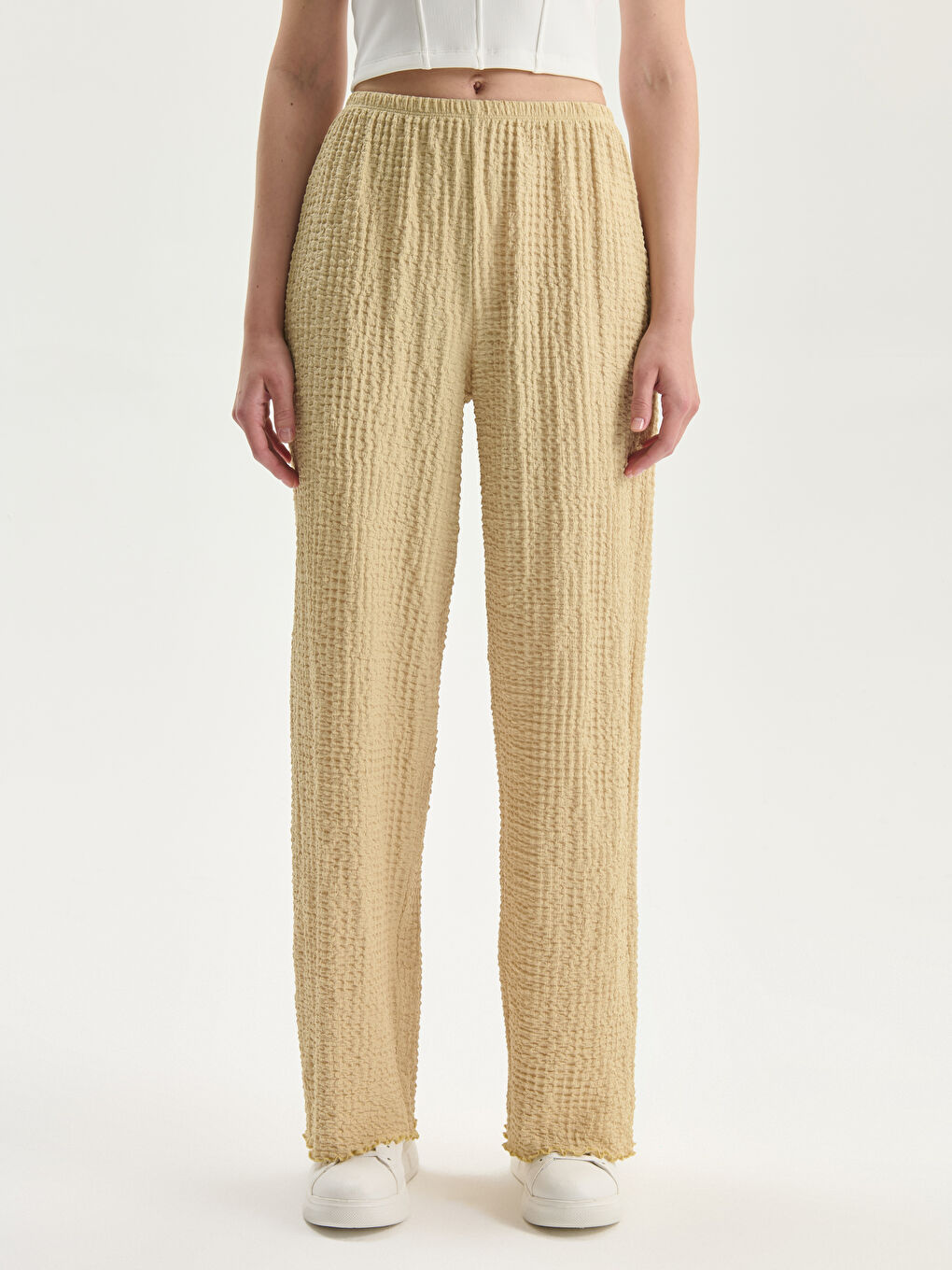 Elasticated Waist Textured Women's Trousers -S5L622Z8-FMD