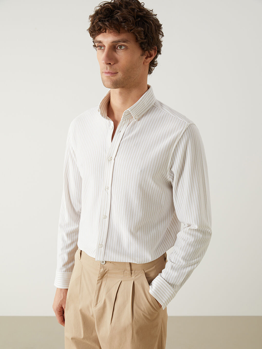 Bej Slim Fit Çizgili Erkek Gömlek