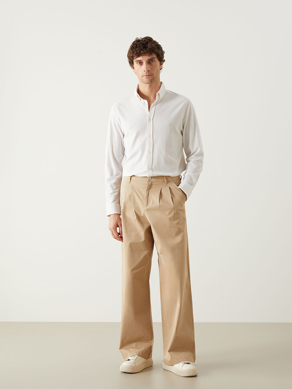 Bej Slim Fit Çizgili Erkek Gömlek-1