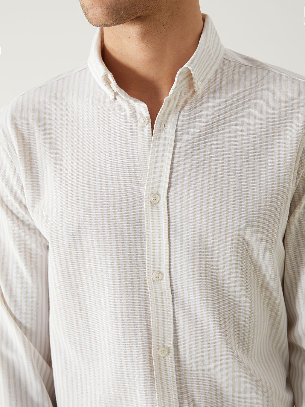 Bej Slim Fit Çizgili Erkek Gömlek-2