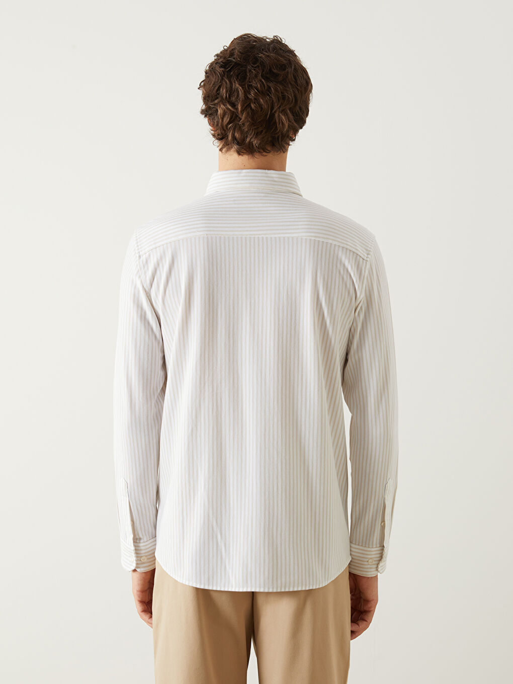 Bej Slim Fit Çizgili Erkek Gömlek-3