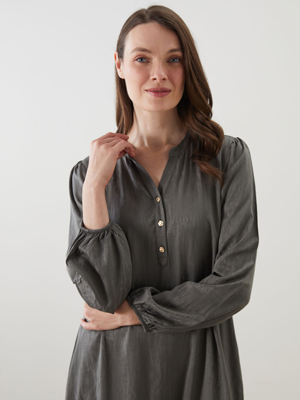 Haki Kaçık Yaka Desenli Elbise-2