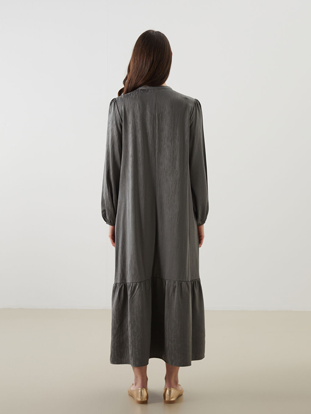 Haki Kaçık Yaka Desenli Elbise-4