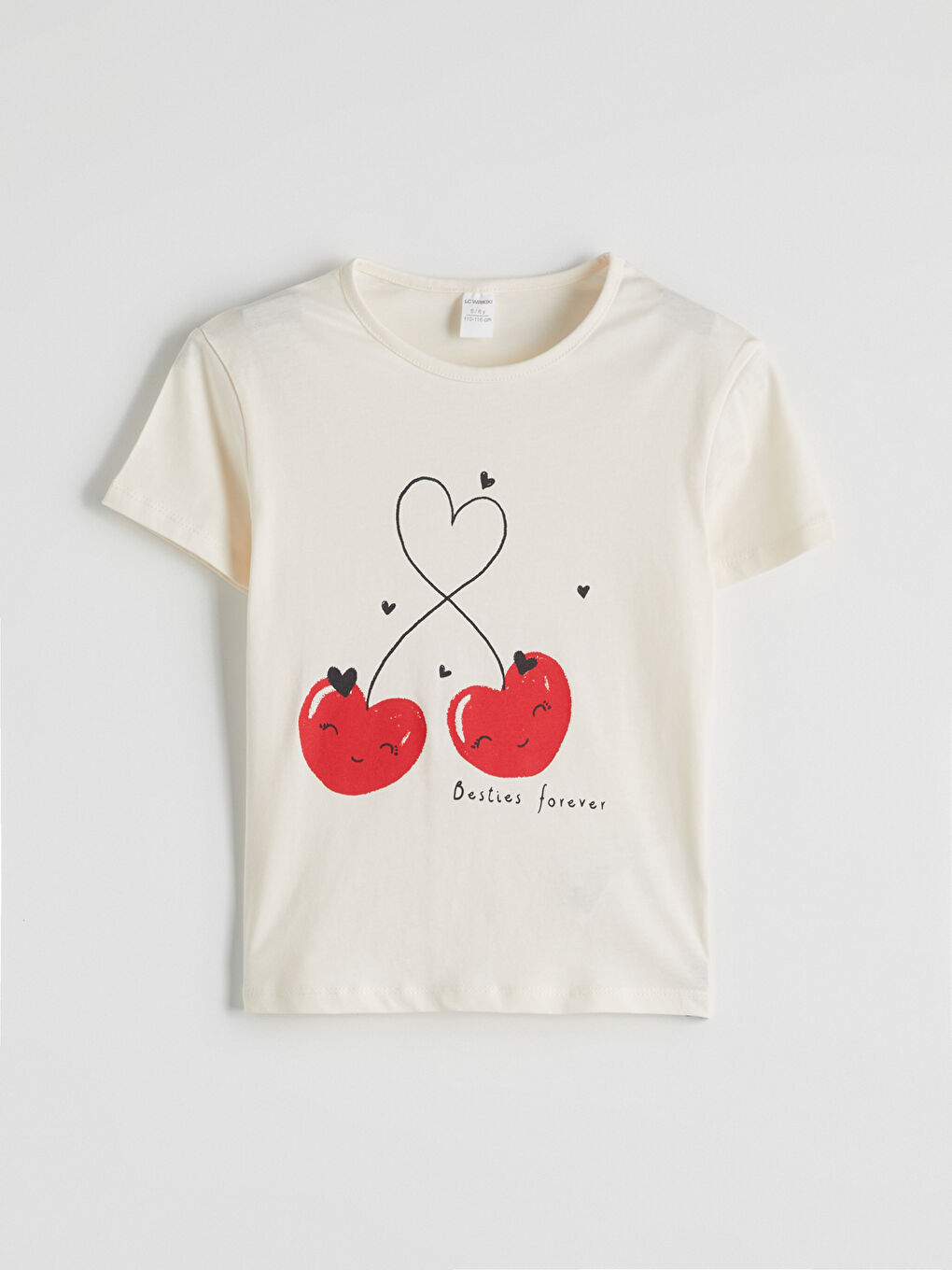 Ekru Bisiklet Yaka Kiraz Baskılı Kız Çocuk Tişört
