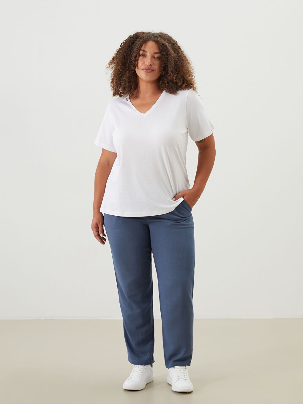 İndigo Beli Lastikli Keten Karışımlı Kadın Pantolon-1