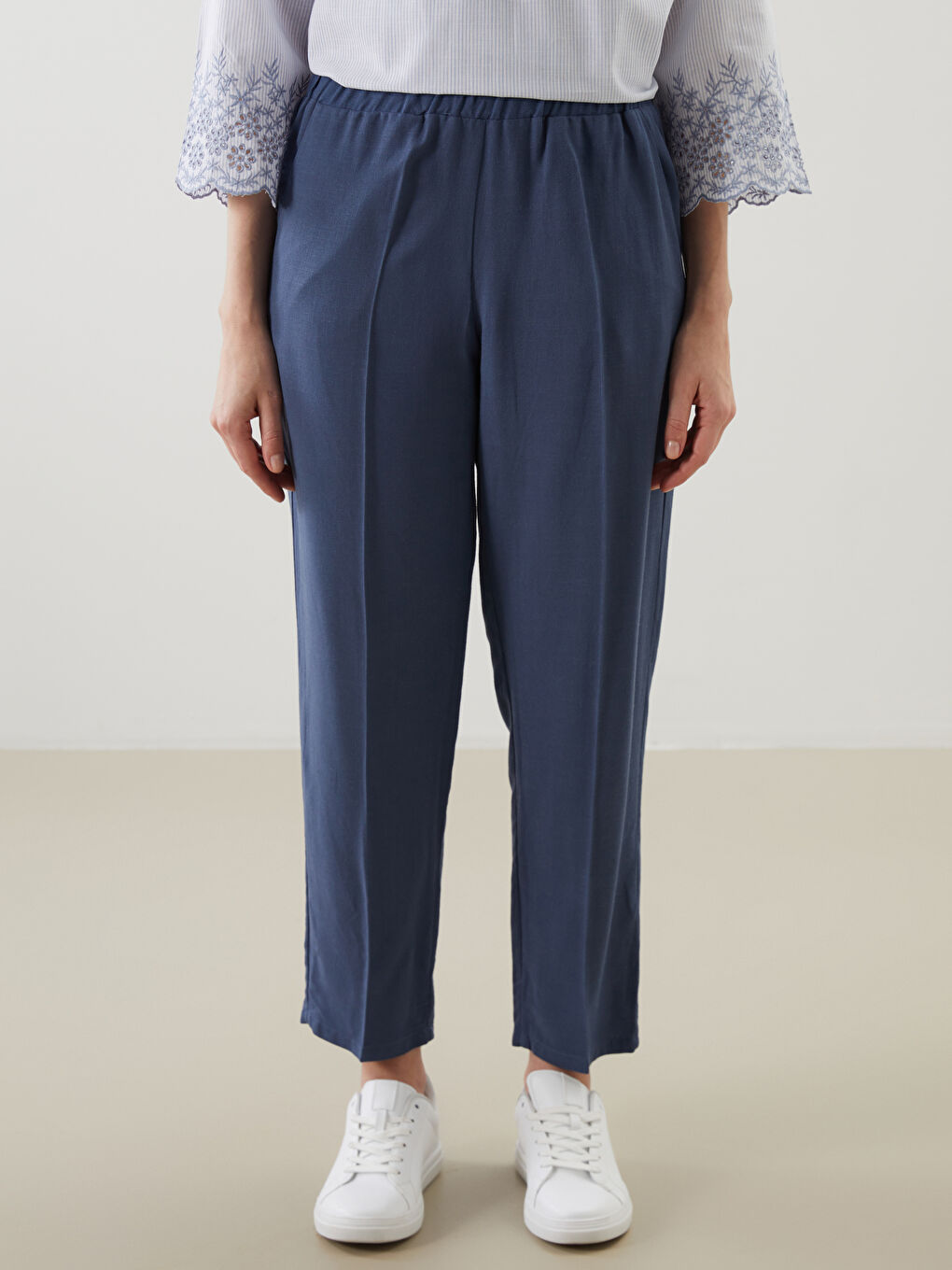 İndigo Beli Lastikli Keten Karışımlı Kadın Pantolon-3