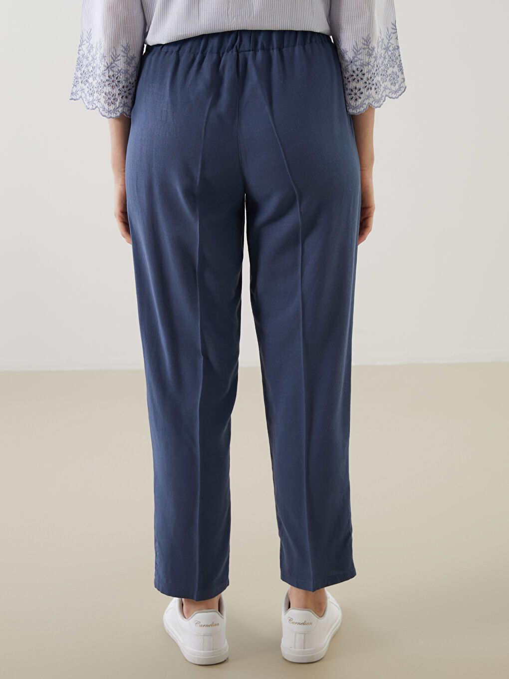 İndigo Beli Lastikli Keten Karışımlı Kadın Pantolon-5
