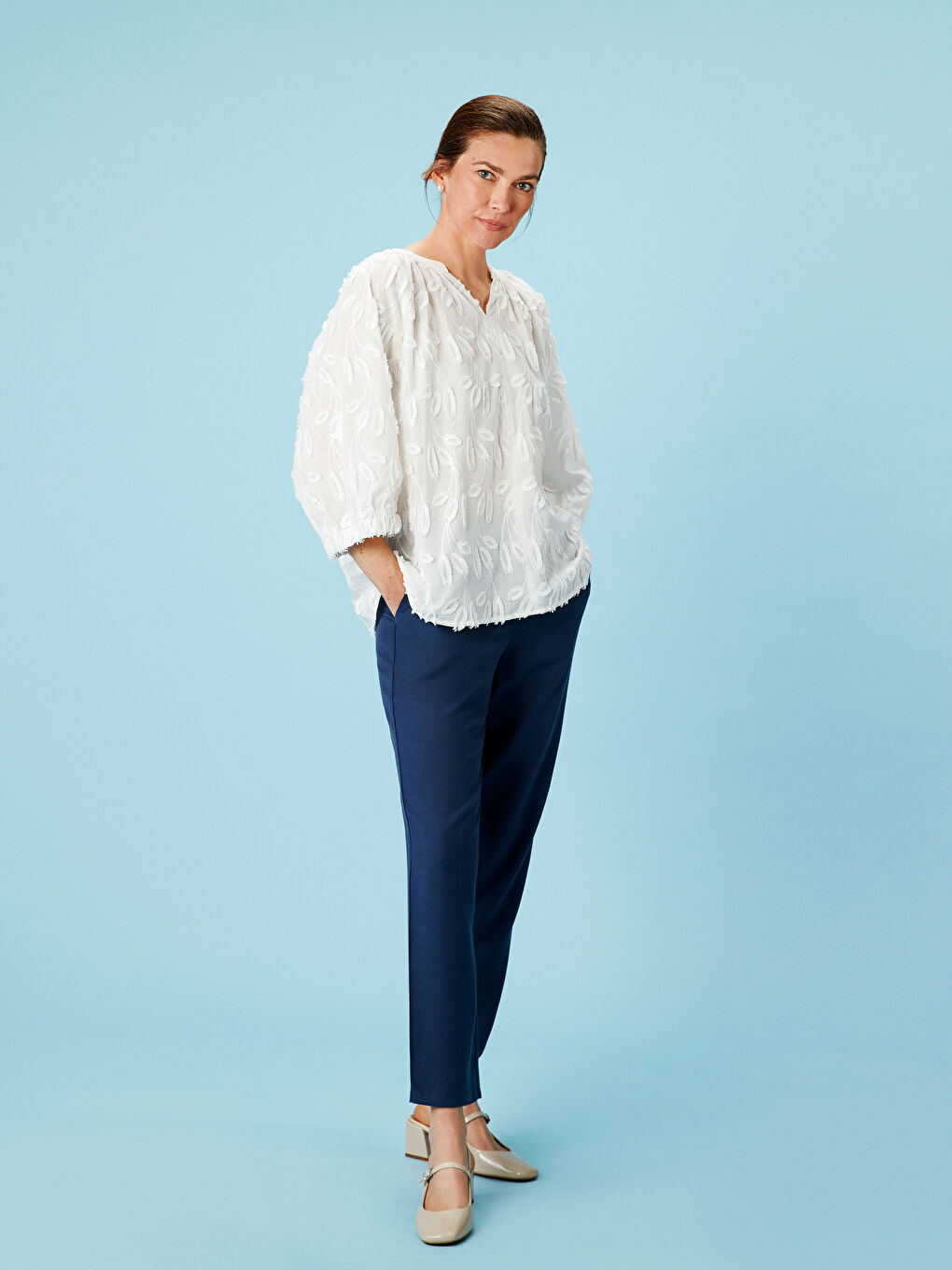 İndigo Beli Lastikli Keten Karışımlı Kadın Pantolon