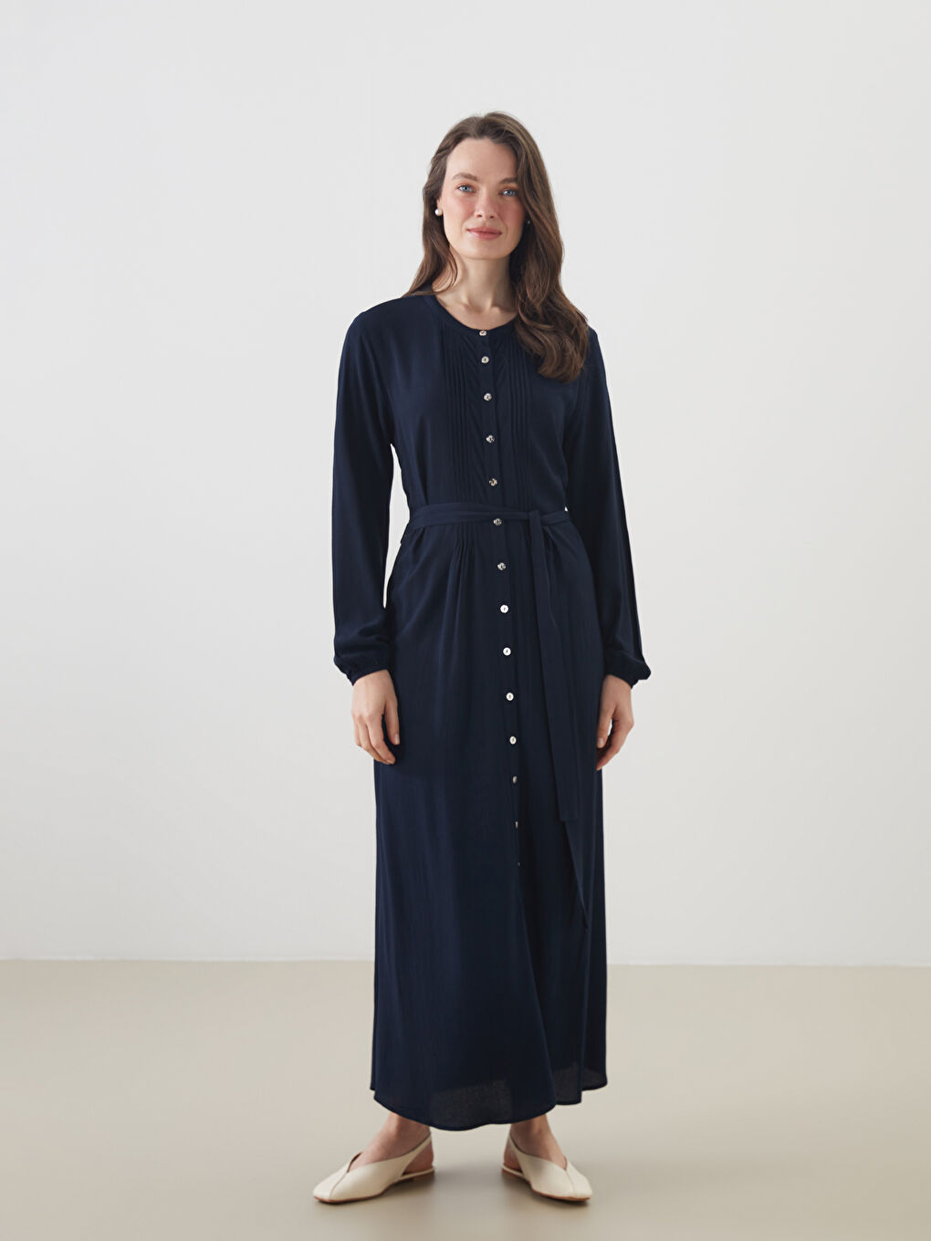 Crew Neck Pleated Shirt Dress -S5L760Z8-E1J