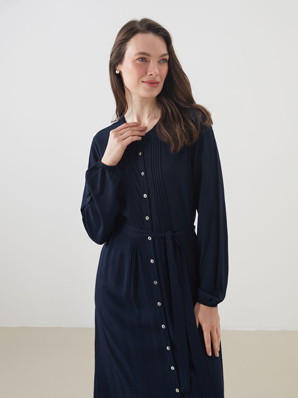 Crew Neck Pleated Shirt Dress -S5L760Z8-E1J