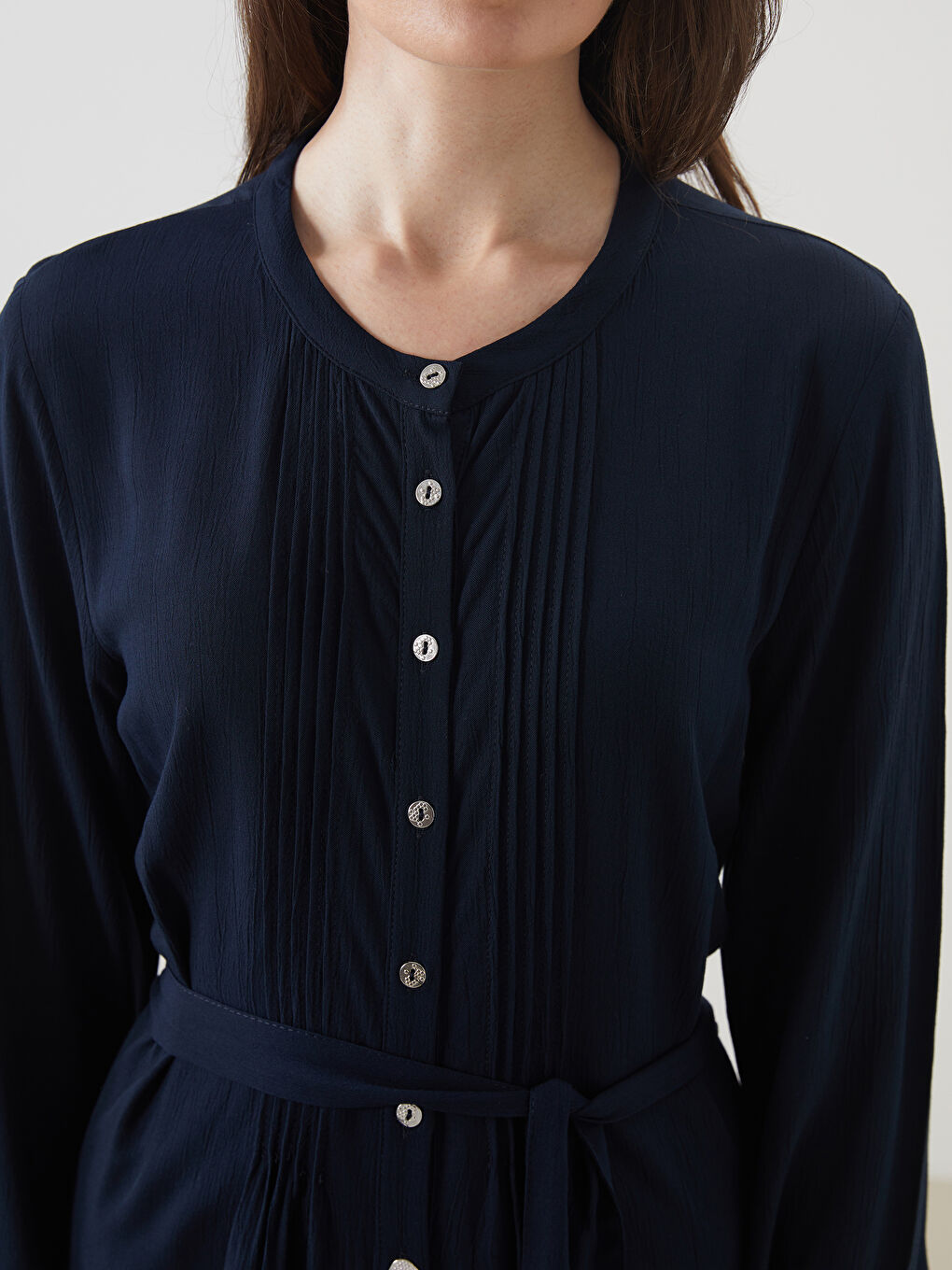 Crew Neck Pleated Shirt Dress -S5L760Z8-E1J