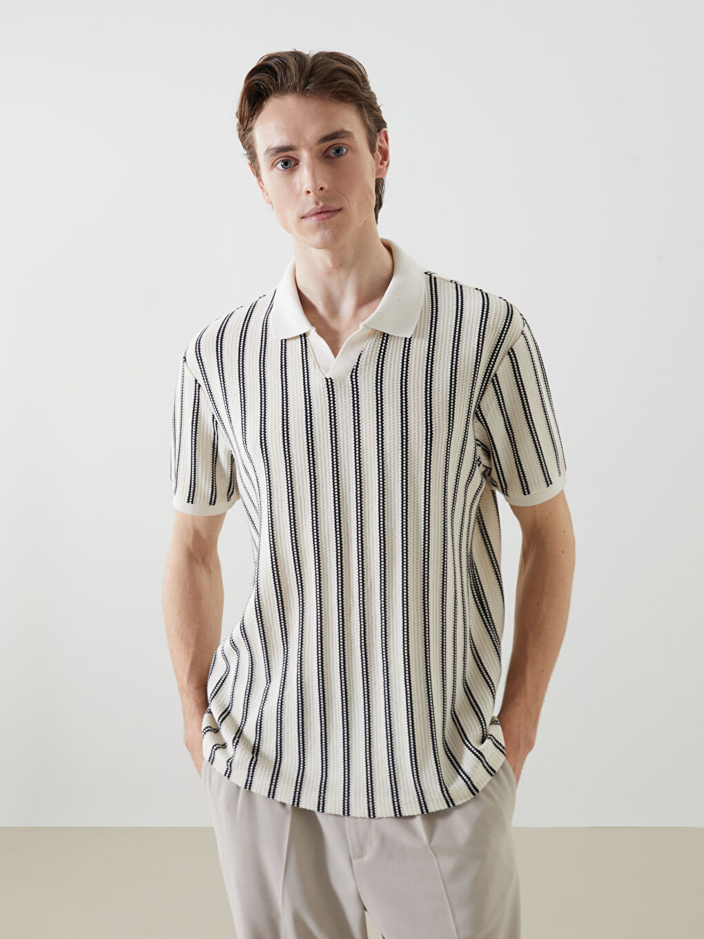 Polo Neck Short Sleeve Striped Men's T-Shirt -S5L784Z8-CVL