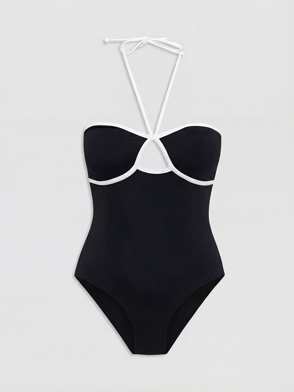 Siyah Düz Boyundan Bağlama Detaylı Kadın Mayo-1