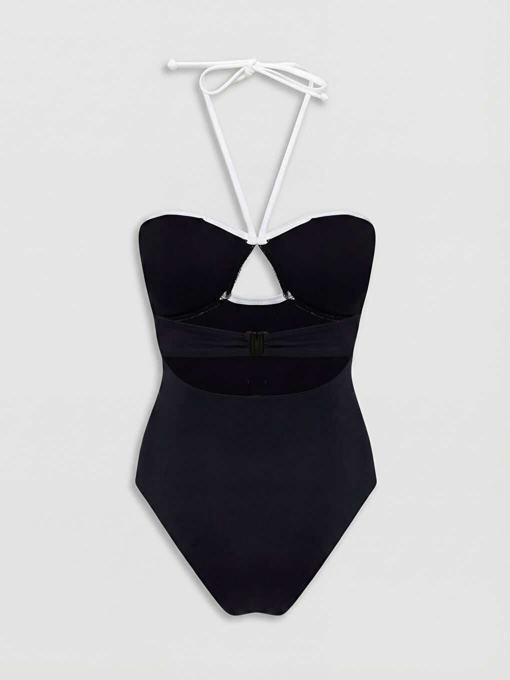 Siyah Düz Boyundan Bağlama Detaylı Kadın Mayo-2