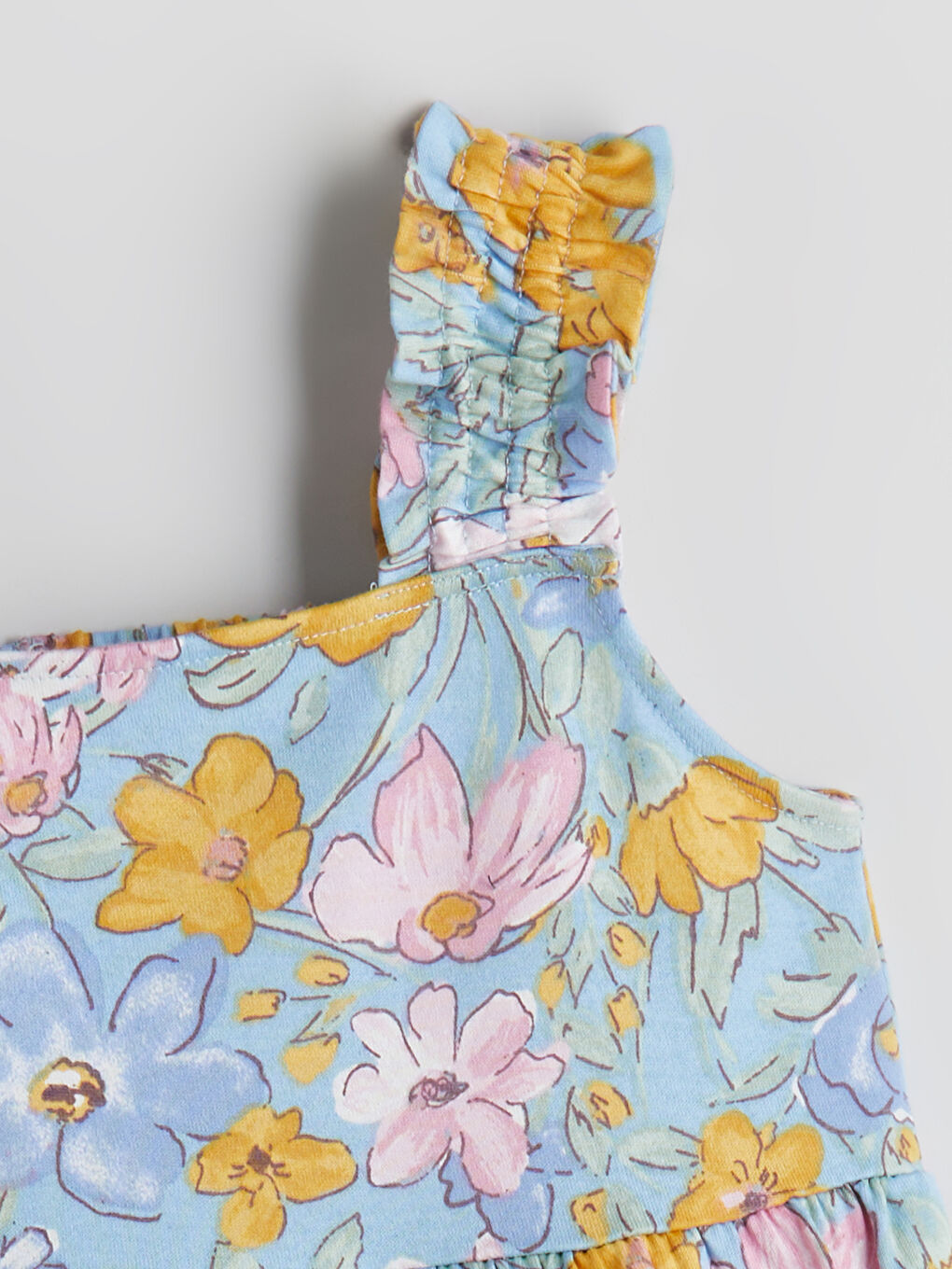 Mavi Kare Yaka Çiçekli Kız Çocuk Elbise-1