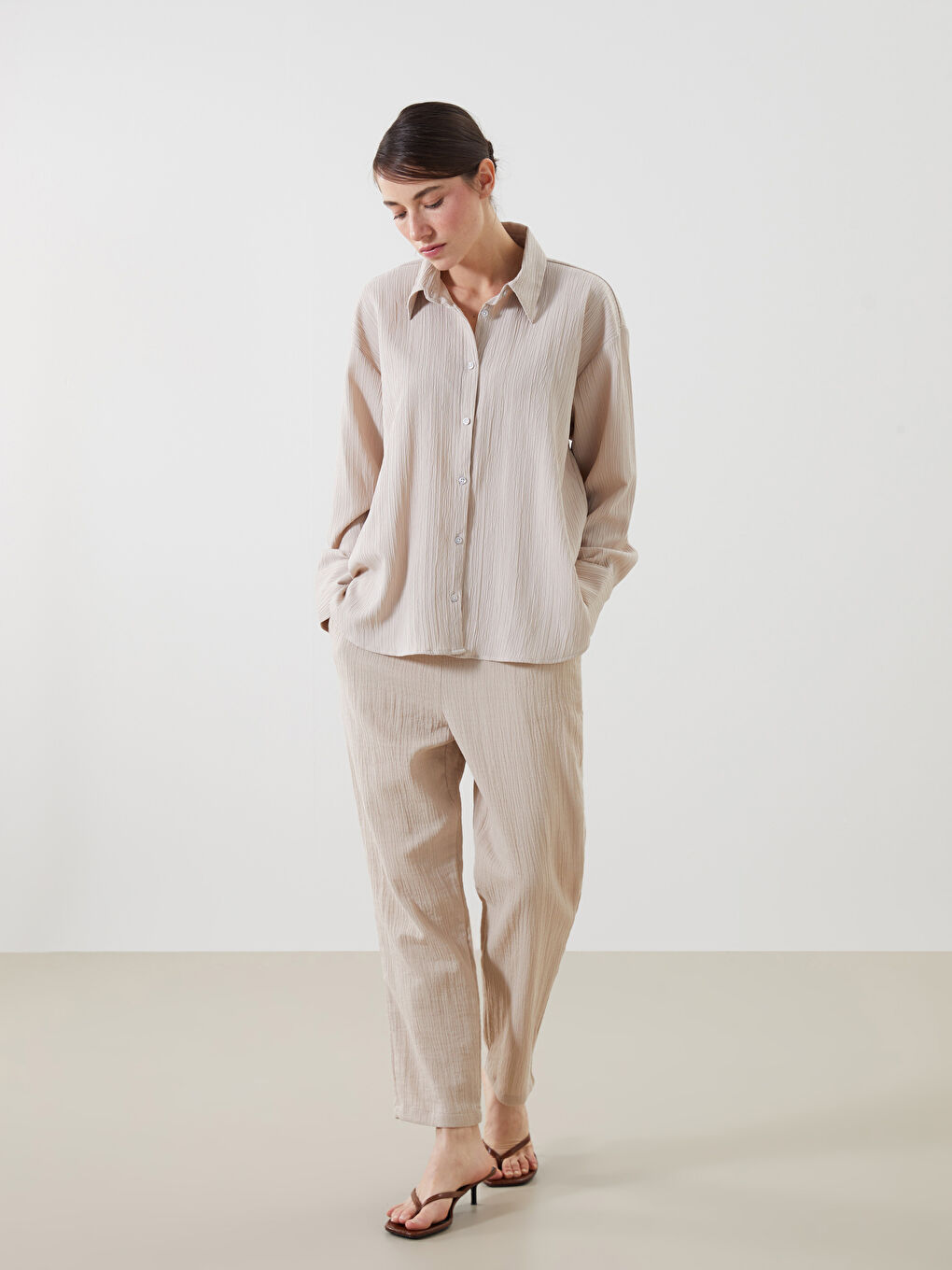 Oversized Textured Women’S Shirt -S5L898Z8-YUZ