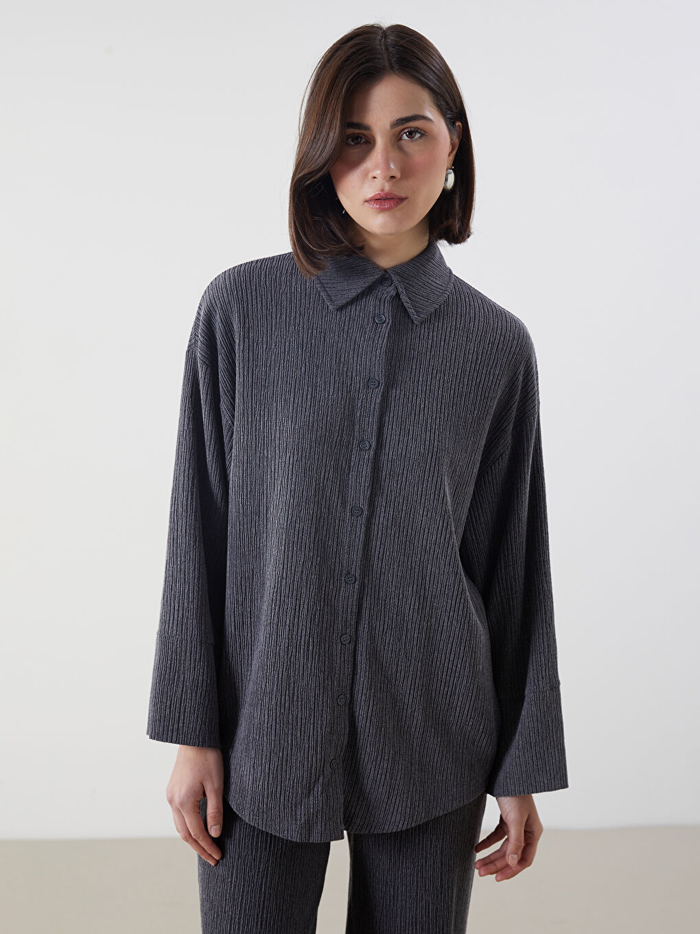 Textured Oversized Women’S Shirt Tunic -S5L976Z8-CTK