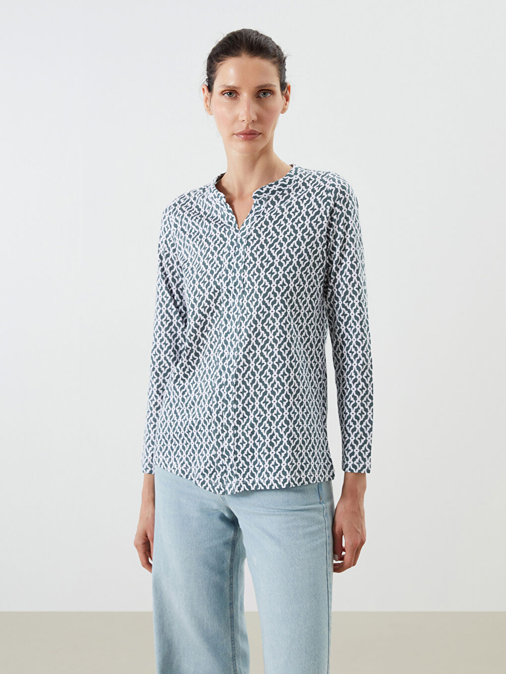 Notch Neck Patterned Blouse-1
